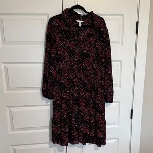 London Times Woman Black and Red Floral Long Sleeve Dress with smocked waist